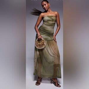 ASOS maxi bandeau dress with ruched bodice ano sheer skirt in print